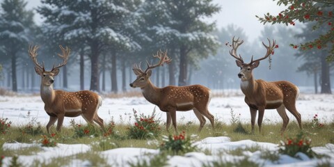  Family of deer in a snowy meadow, playing with festive holly leaves and snowflakes, hollly leaves, winter wonderland, seasonal decor