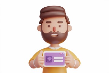 Poster - A 3D cartoon man proudly presents a user interface design.