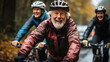 © kora studio - Happy elderly couple cycling together in autumn forest. Joyful moments shared on bikes, surrounded by colorful leaves. Perfect for showcasing active lifestyle and companionship