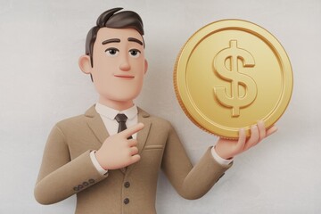 Poster - Cartoon businessman proudly displays a large gold coin symbolizing wealth and financial success.