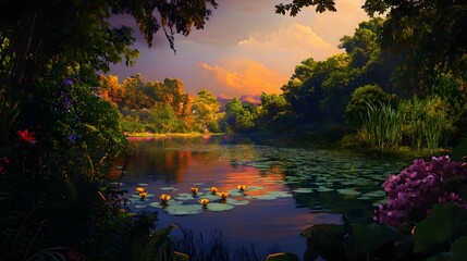 Wall Mural - serene tranquil landscape with lake and lush green surroundings