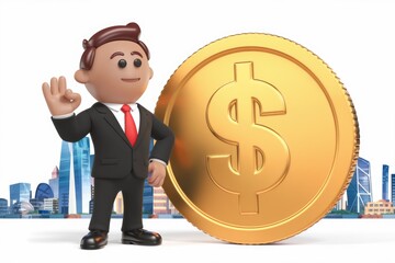 Poster - A 3D cartoon businessman stands beside a giant gold dollar coin, signifying financial success and wealth in a city backdrop.