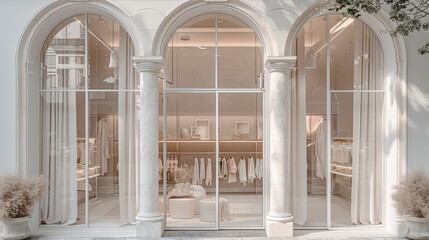 Poster - A white and soft pink elegant boutique exterior featuring pristine arched windows framed by classical white columns, The glass showcases a minimalist interior design with soft pink and white clothing.