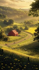 Canvas Print - Serene Countryside Landscape: Red Barn, Rolling Hills, and Golden Fields