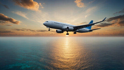 Wall Mural - airplane flying over ocean during sunset with vibrant colors reflecting on water