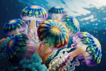 Poster - Vibrant, colorful jellyfish with rainbow tentacles gracefully swim in the deep ocean.