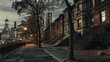 © kora studio - Brooklyn Heights street view at night, showcasing historic brownstones and city skyline. scene captures serene urban atmosphere with autumn leaves