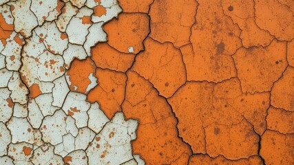 Wall Mural - Cracked and peeling paint on rusted metal surface with orange and brown tones, pattern, damaged, old