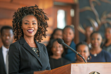 Wall Mural - African American Woman Giving a Political Speech on Equality and Justice in Celebration of Black History Month at a Rally