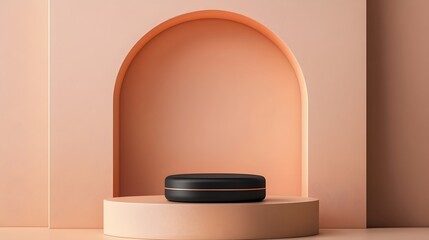 Wall Mural - A sleek podium in matte black with a soft peach background, providing space for product showcasing.