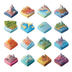 collection of isometric 3d terrain maps with various landscapes isolated on transparent background