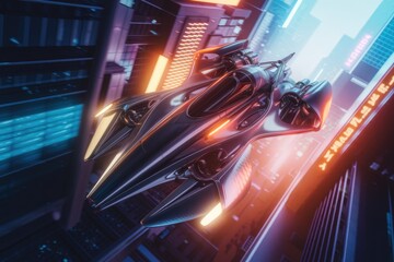 Poster - Futuristic flying vehicle soaring through a vibrant cyberpunk cityscape at night.
