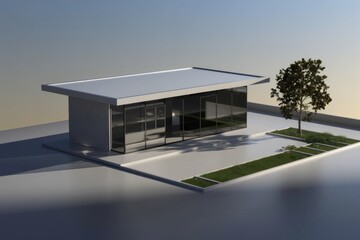 Poster - Modern minimalist house design with large glass windows, concrete structure, and small garden.