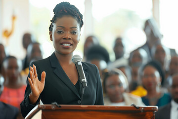 African American Woman Giving a Political Speech to Advocate Freedom and Strength During Black History Month Celebration