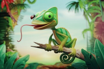 Poster - A cheerful cartoon chameleon sits on a branch in a lush jungle, about to catch a ladybug with its long sticky tongue.