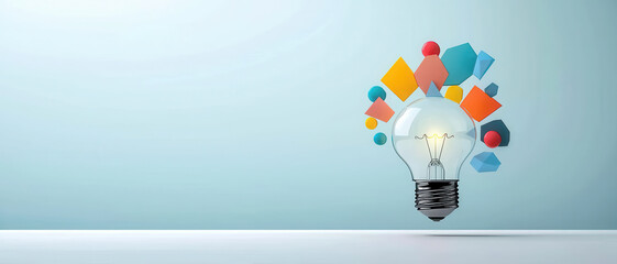 Fototapete - Smart thinking idea inspiration innovation concept, creative explosion of shapes and colors around light bulb