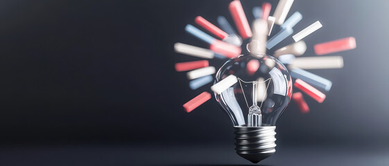 Fototapete - Smart thinking idea inspiration innovation concept, light bulb surrounded by colorful shapes, symbolizing creativity and ideas