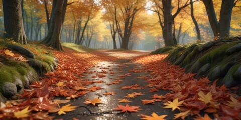 Wall Mural - fallen maple leaves scattered across a forest path, maple, outdoor, fall