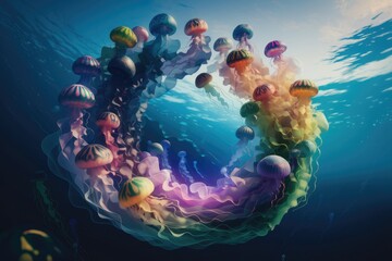 Poster - A mesmerizing underwater scene of vibrant, colorful jellyfish forming a circular pattern, creating a magical spectacle.
