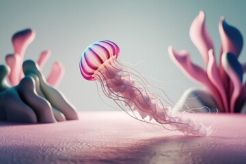 Poster - A vibrant pink jellyfish gracefully swims through a surreal, pastel-colored underwater landscape.