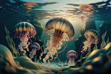 Poster - Underwater scene with multiple jellyfish swimming gracefully in sunlight, showcasing their translucent bodies and vibrant tentacles.