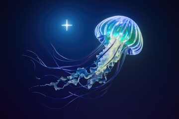 Poster - A bioluminescent jellyfish gracefully glides through the dark ocean depths, illuminated by a distant star.
