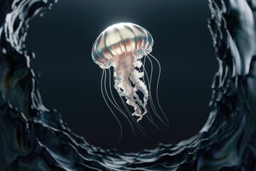 Poster - A luminous jellyfish gracefully floats in the deep ocean, its bell shimmering with iridescent colours.