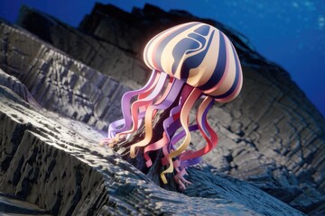 Poster - A vibrant, stylized jellyfish with colorful tentacles rests on a dark, textured seabed.