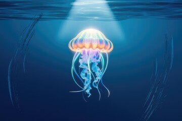 Poster - A bioluminescent jellyfish gracefully floats in the deep ocean, illuminated by a spotlight.