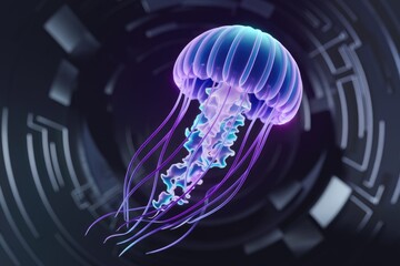 Poster - A vibrant, bioluminescent jellyfish gracefully floats against a dark, abstract technological backdrop.