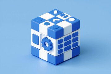 Aufkleber - Abstract 3D rendering of a blue and white cube with various icons representing system design and development.