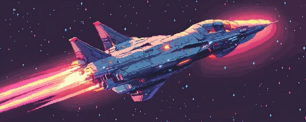 Wall Mural - a pixel art rendition of a futuristic spaceship soaring through the pixelated stars.