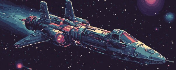 Poster - A pixel art rendition of a futuristic spaceship soaring through the pixelated stars.