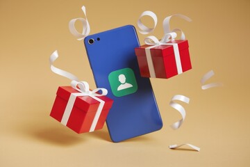 Poster - Gifts and a profile icon on a blue smartphone, symbolizing online gifting or user rewards.