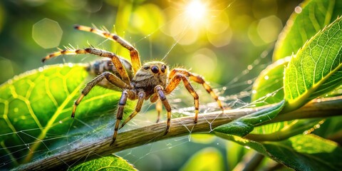 Close-up of a spider on a tree branch, dappled sunlight, vibrant green leaves, intricate web details, nature photography, food photography styling.