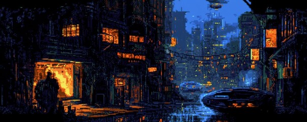 Poster - A pixel art rendition of a neon-lit cyberpunk city at night, with pixelated skyscrapers and flying cars.
