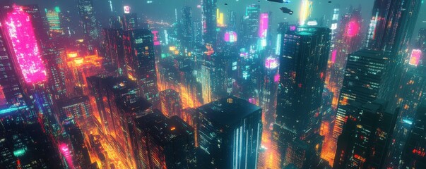 Poster - A pixel art rendition of a neon-lit cyberpunk city at night, with pixelated skyscrapers and flying cars.