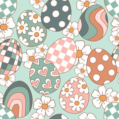 Wall Mural - Seamless vector pattern with groovy Easter eggs and tiny flowers. Hand drawn retro Easter illustration. Perfect for textile, wallpaper or nursery print design. EPS10 vector file.