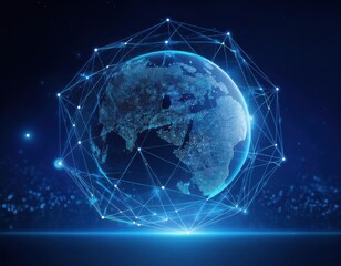 Wall Mural - floating blue plexus geometric. blue futuristic background with planet earth shape