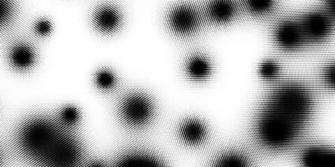 Poster - Black and white halftone background. Abstract illustration of round particles. The dots form shapeless images. Vector graphics.