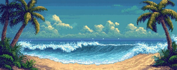 Wall Mural - A pixel art representation of a serene beach scene, with pixelated waves, sand, and palm trees.