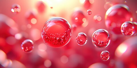 Poster - Stunning 3D Visualization of Red Bubbles Floating in a Clean Ground Atmosphere Backlit by Warm Light