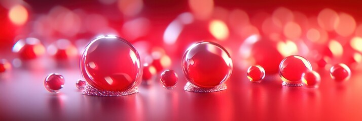 Poster - 3d red bubbles on clean surface with soft focus background resembling an abstract world of light and