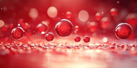 Poster - Stunning 3D Visualization of Red Bubbles Floating on a Clean Ground Surface with Soft Glowing Background Highlights and Rich Textures