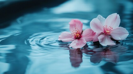 Wall Mural - Pink Blossoms Floating on Tranquil Blue Water