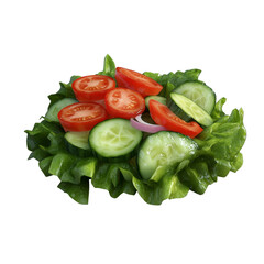 Poster - A small fresh salad composed of sliced tomatoes, cucumbers, and a bed of lettuce.