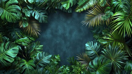 lush tropical foliage frame surrounding a dark teal background.