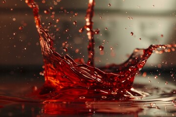 Poster - Crown shaped red liquid splash making drops with blurred background