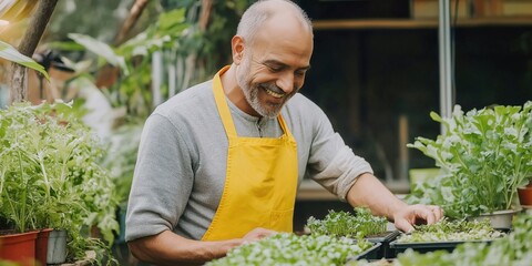 Happy adult Gardener holding two potted plants in a Greenhouse