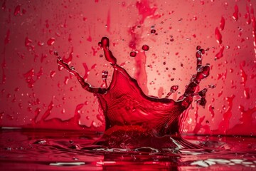 Poster - Dynamic splash of red liquid forming a crown shape, with droplets scattering and ripples expanding on the surface